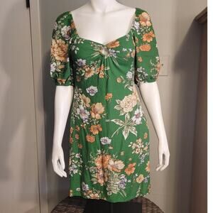 Green Floral Mini Dress Puff Sleeve Cottagecore Coquette Smocked Waist Small